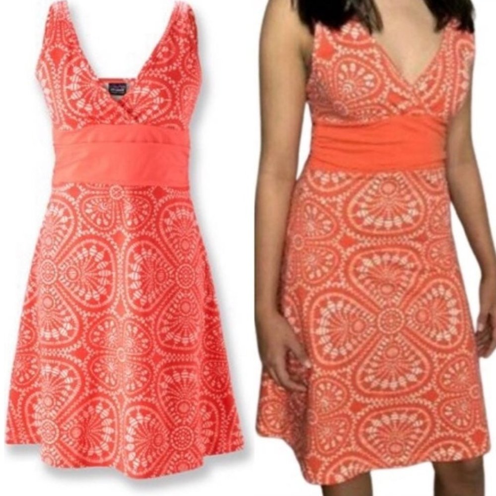 Patagonia Coral and White Printed V-Neck Sundress